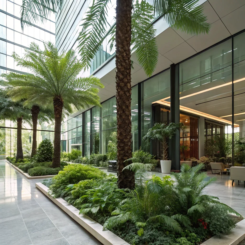 Lush greenery in a modern atrium